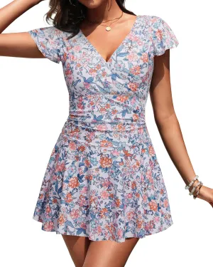 Aqua Eve One Piece Swimsuit with Skirt - Tummy Control Swimdress with Sleeve Modest Bathing Suit Swim Dress