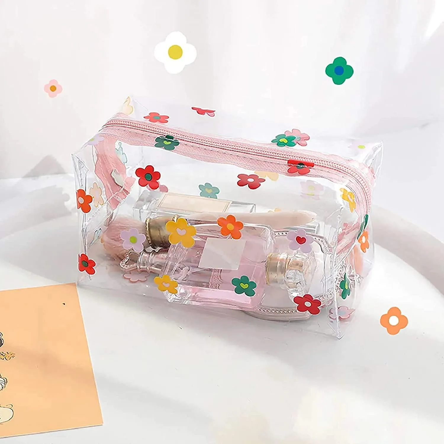 ASkinds 2 Pack Cute Flower Clear Makeup Bag with Zipper Portable Cosmetic Bag Travel Clear Toiletry Bag Floral Makeup Pouch Waterproof Toiletry Organizer for Women