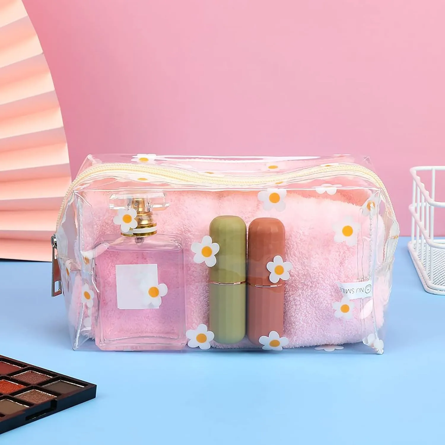 ASkinds 2 Pack Cute Flower Clear Makeup Bag with Zipper Portable Cosmetic Bag Travel Clear Toiletry Bag Floral Makeup Pouch Waterproof Toiletry Organizer for Women