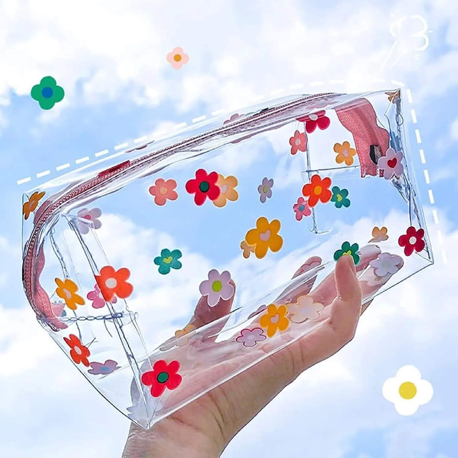 ASkinds 2 Pack Cute Flower Clear Makeup Bag with Zipper Portable Cosmetic Bag Travel Clear Toiletry Bag Floral Makeup Pouch Waterproof Toiletry Organizer for Women