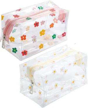 ASkinds 2 Pack Cute Flower Clear Makeup Bag with Zipper Portable Cosmetic Bag Travel Clear Toiletry Bag Floral Makeup Pouch Waterproof Toiletry Organizer for Women