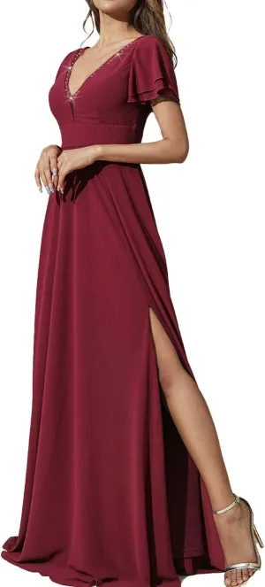 Aukmla Women Red Guest Wedding Dress V Neck Short Cap Sleeve Evening Gown Maxi Formal Dresses