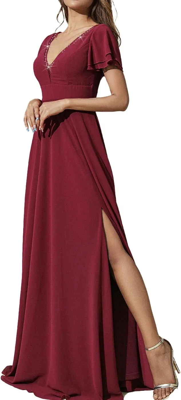 Aukmla Women Red Guest Wedding Dress V Neck Short Cap Sleeve Evening Gown Maxi Formal Dresses