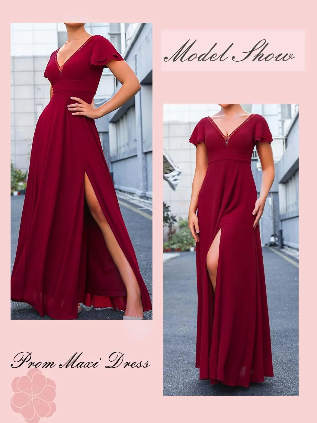 Aukmla Women Red Guest Wedding Dress V Neck Short Cap Sleeve Evening Gown Maxi Formal Dresses