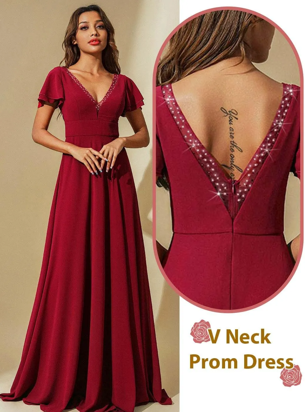Aukmla Women Red Guest Wedding Dress V Neck Short Cap Sleeve Evening Gown Maxi Formal Dresses