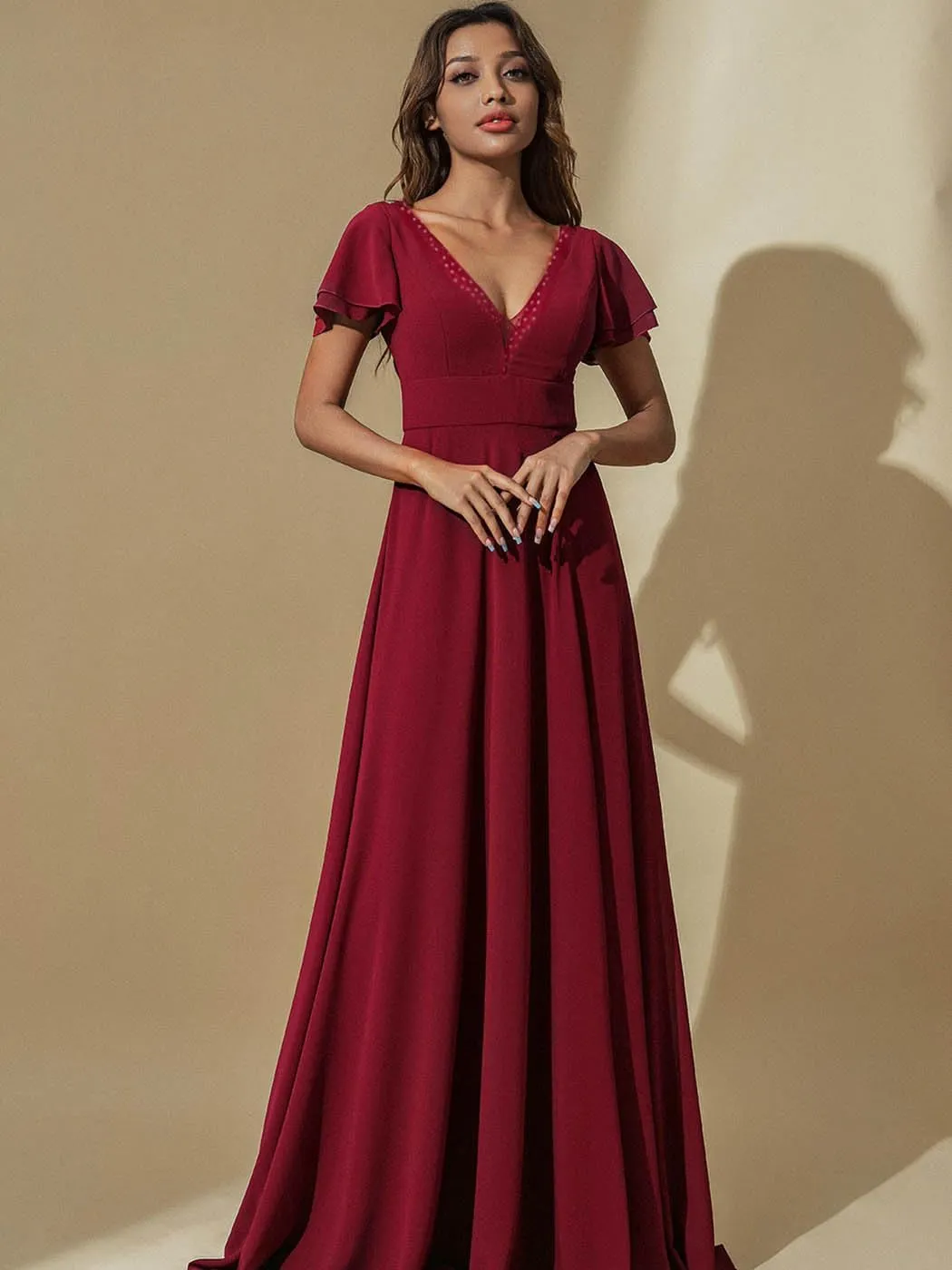 Aukmla Women Red Guest Wedding Dress V Neck Short Cap Sleeve Evening Gown Maxi Formal Dresses