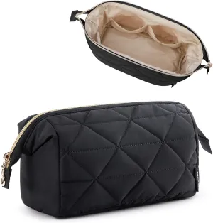 BAGSMART Makeup Bag Travel Makeup Bag, Cute Puffy Make Up Bag, Wide-open Cosmetic Bags for Women, Small Makeup Pouch for Travel Essentials Toiletries Accessories (Black)