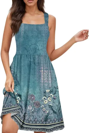 BAXLIMEK Sundresses for Women,2025 Spring Summer Trendy Floral Print Beach Dress,Square Neck Tank Flowy Ruched Boho Dress