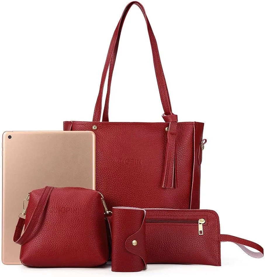 Beach Tote Bag 4 Packet Leather Solid Color Handbags Shoulder Bags Crossbody Hobo Bags Card Purse Work Travel Essential Y