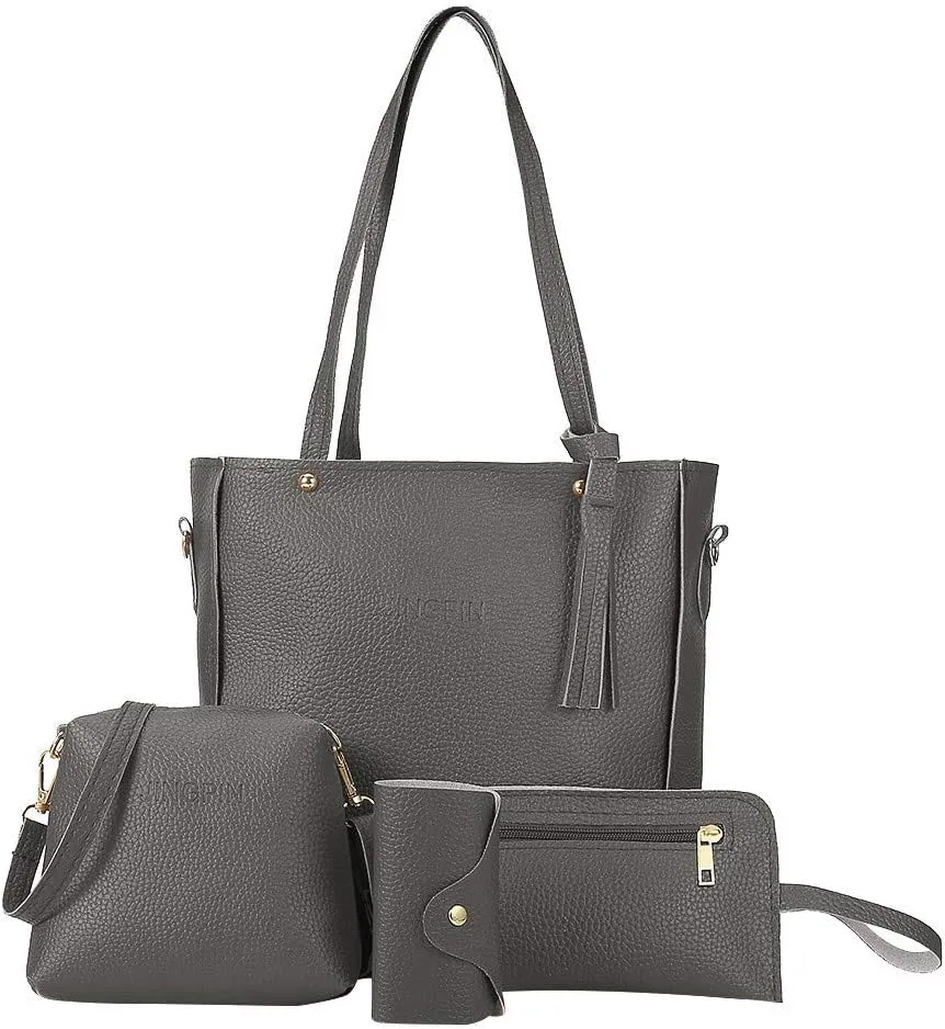 Beach Tote Bag 4 Packet Leather Solid Color Handbags Shoulder Bags Crossbody Hobo Bags Card Purse Work Travel Essential Y