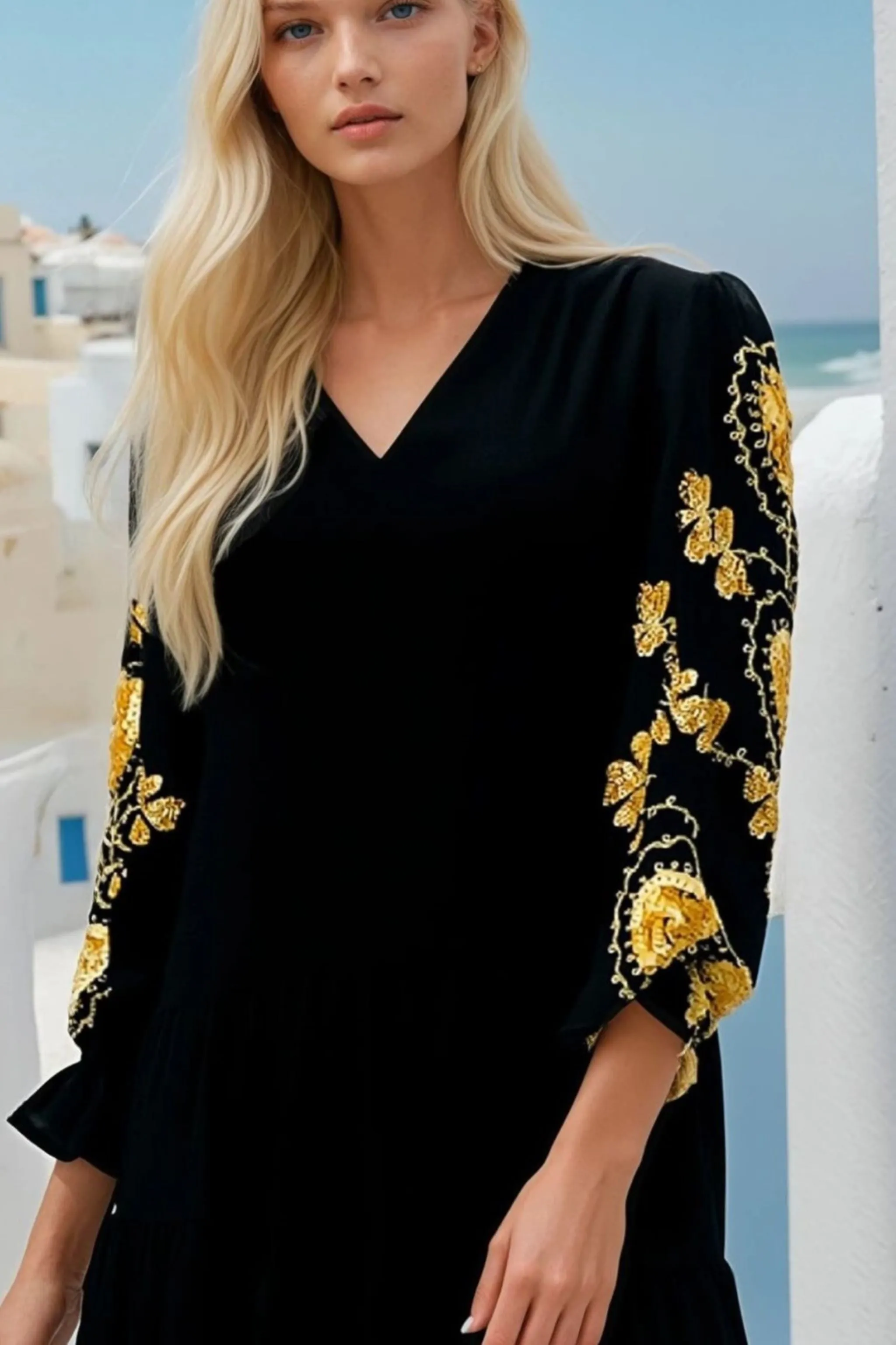 Black Gold Knee Length Dress