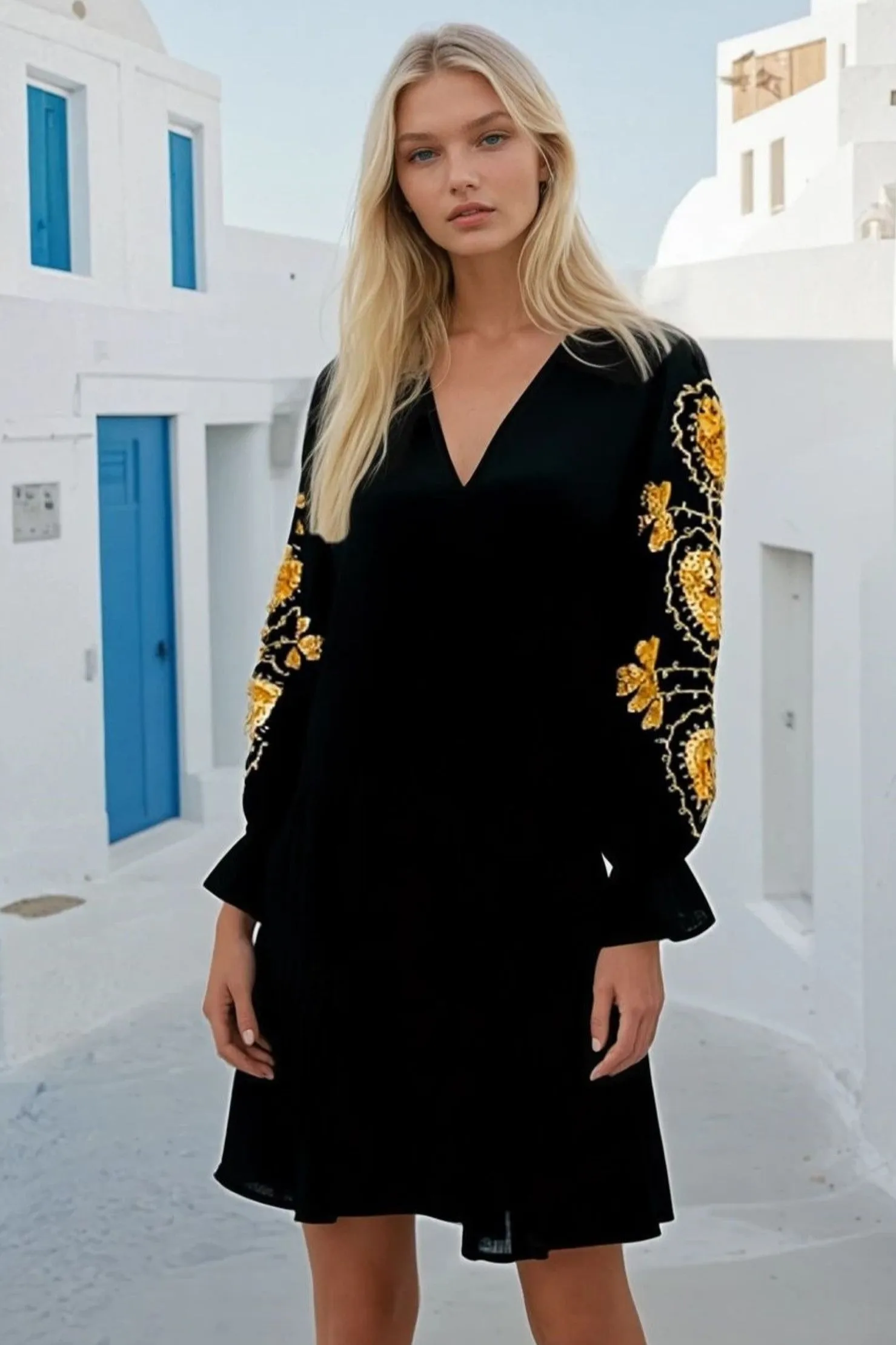 Black Gold Knee Length Dress