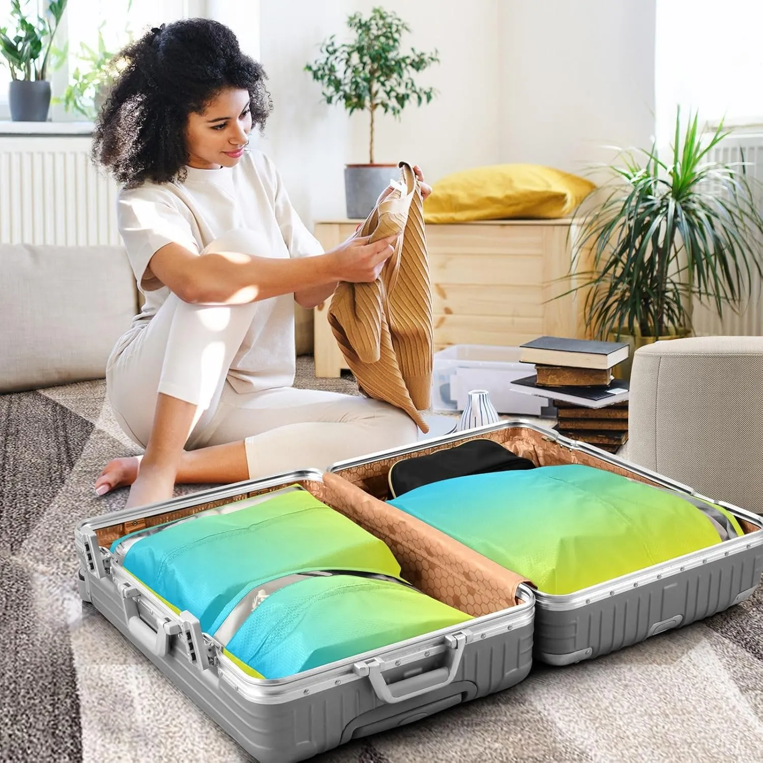 Blue Yellow Gradient Compression Packing Cubes for Travel Packing Organizers Large Luggage Organizers Bags for Women Travel Accessories