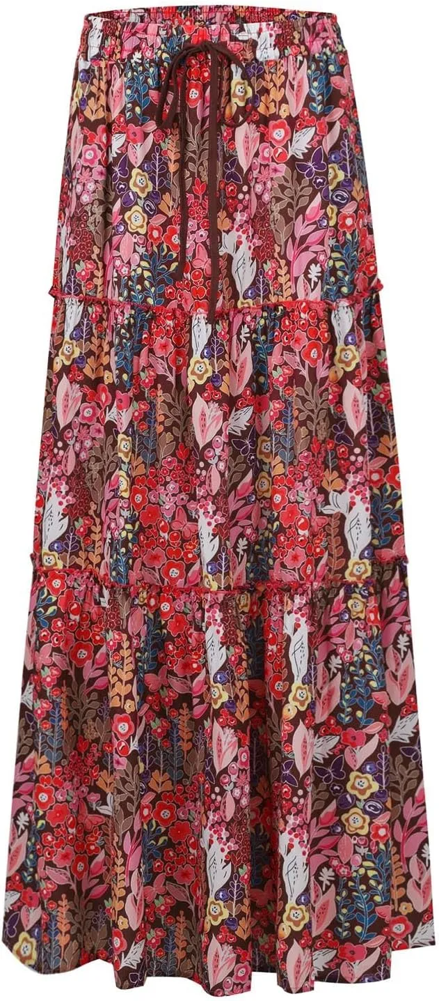 Boho Flowy Skirts for Women Maxi Floral High Waisted Tiered Long Skirts Ladies Casual Bohemian Summer Clothes 2025