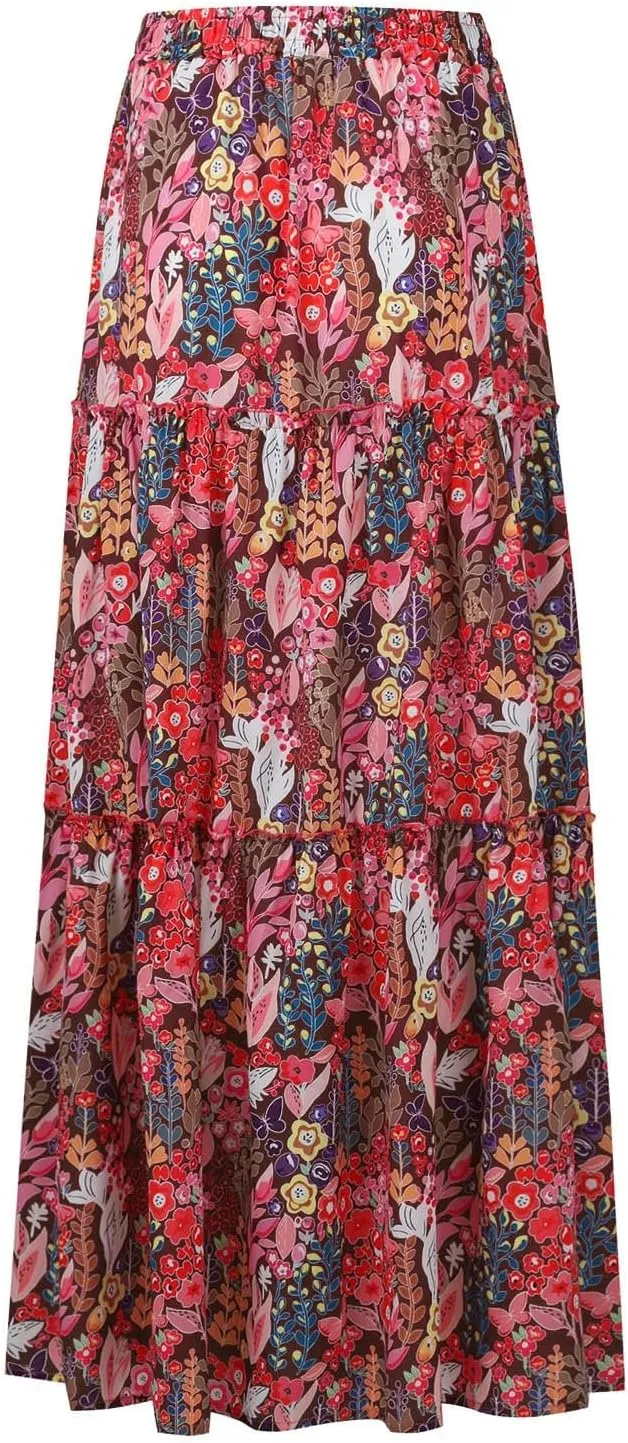 Boho Flowy Skirts for Women Maxi Floral High Waisted Tiered Long Skirts Ladies Casual Bohemian Summer Clothes 2025