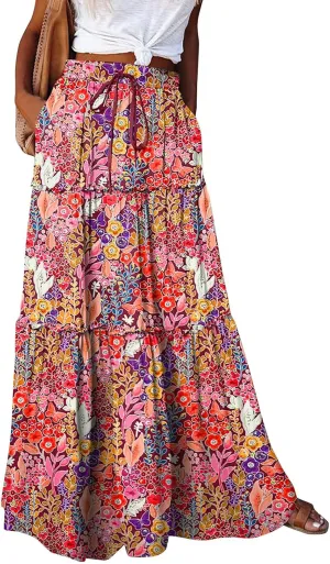 Boho Flowy Skirts for Women Maxi Floral High Waisted Tiered Long Skirts Ladies Casual Bohemian Summer Clothes 2025