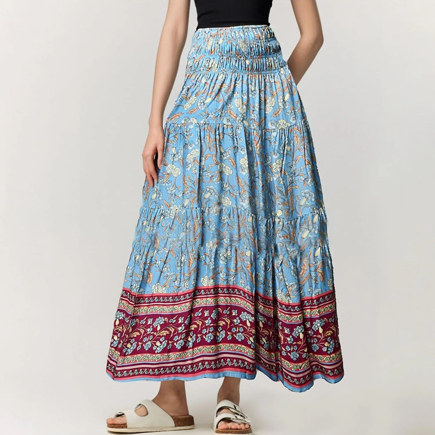 Boho Maxi Skirts for Women 2025 Floral Pleated High Waisted Long Flowy Skirt Elastic A Line Beach Vacation Summer Skirts