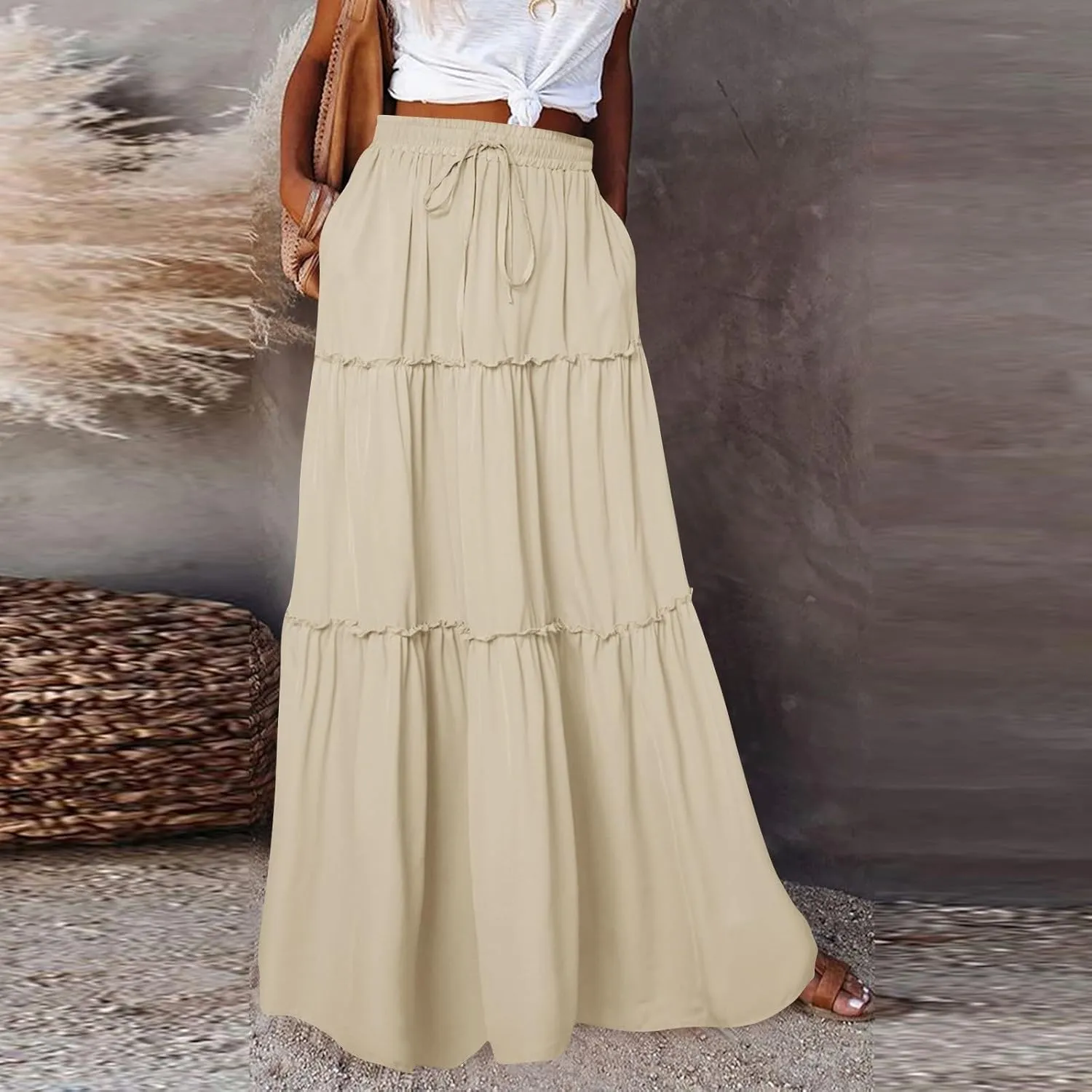 Boho Skirt for Women High Waist A Line Flowy Tiered Skirts Summer Floral Pleated Ruffle Long Maxi Skirt with Pockets