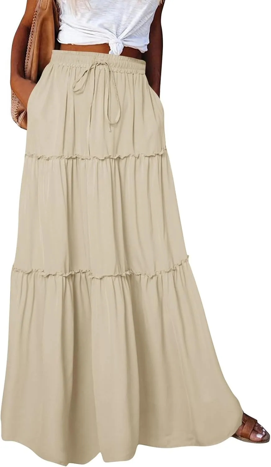 Boho Skirt for Women High Waist A Line Flowy Tiered Skirts Summer Floral Pleated Ruffle Long Maxi Skirt with Pockets