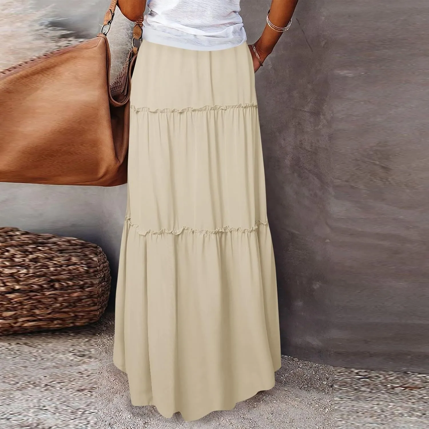 Boho Skirt for Women High Waist A Line Flowy Tiered Skirts Summer Floral Pleated Ruffle Long Maxi Skirt with Pockets