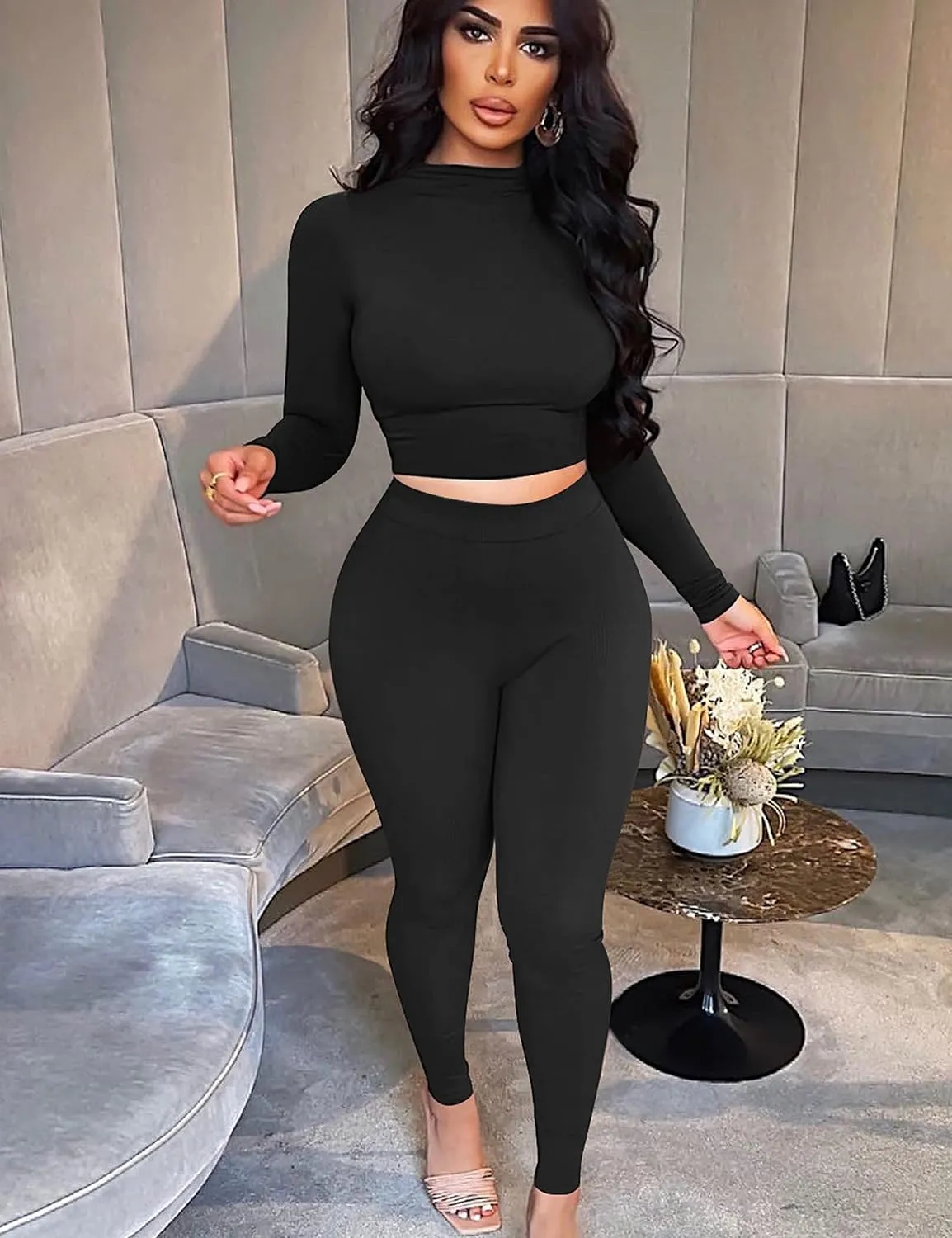 BORIFLORS Women's 2 Piece Outfits Sexy Crop Top Jogger Track Suits Workout Leggings Pants Sets