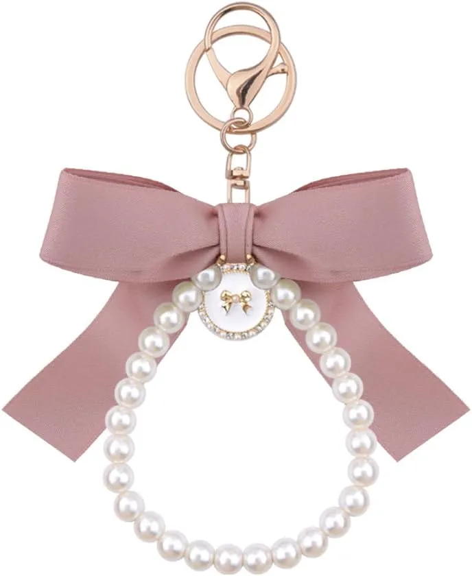 Bow Keychain Pearl Wristlet Keychain Coquette Keychain Accessories for Purse Pear Chain Bow Keychain for Car Keys