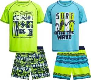 Boys Rash Guard Swimsuit Set  4-Piece Kids Short Sleeve Bathing Suit Swimwear Sets (Sizes: 5-12)
