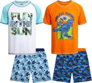 Boys Rash Guard Swimsuit Set  4-Piece Kids Short Sleeve Bathing Suit Swimwear Sets (Sizes: 5-12)