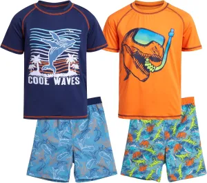 Boys Rash Guard Swimsuit Set  4-Piece Kids Short Sleeve Bathing Suit Swimwear Sets (Sizes: 5-12)