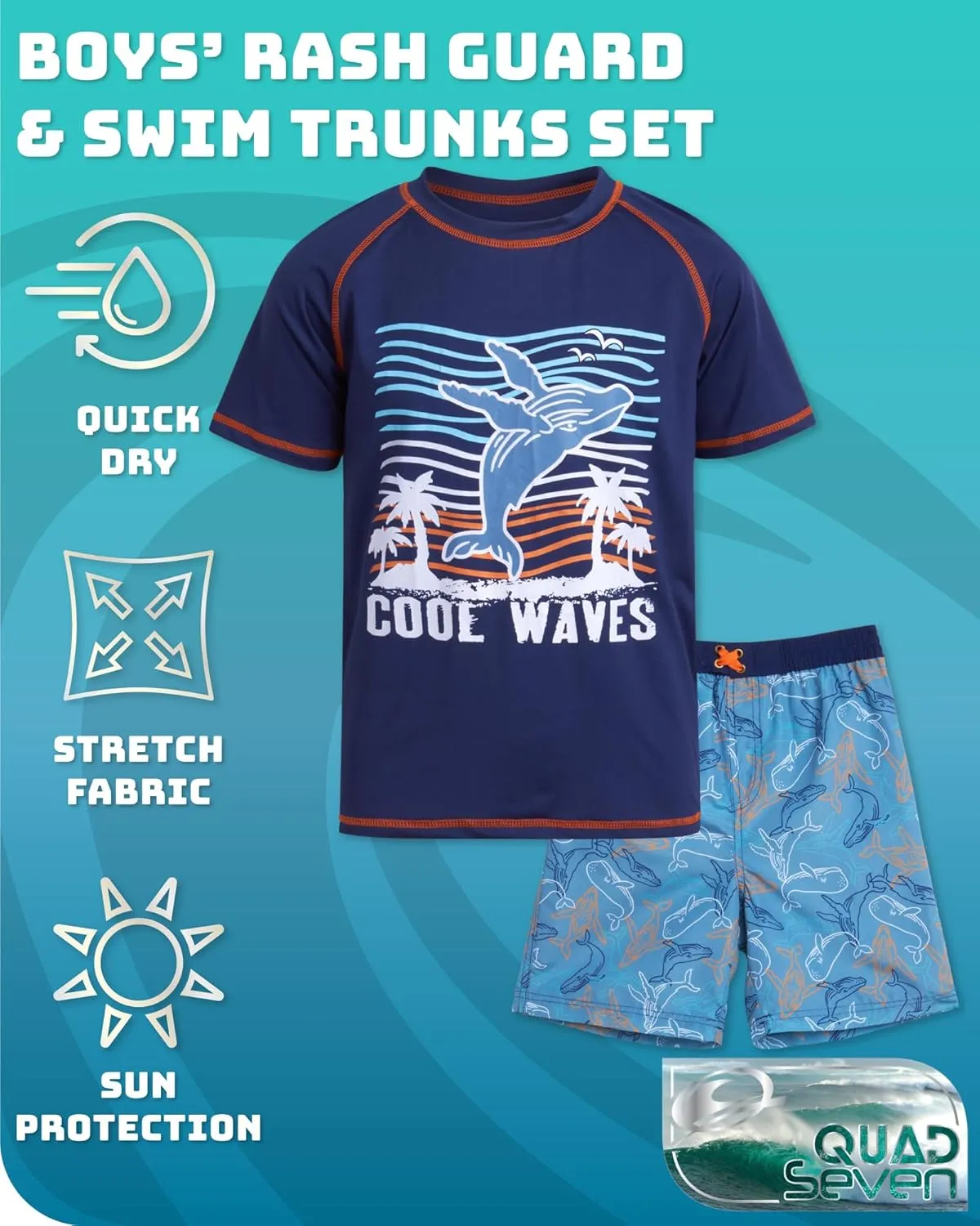 Boys Rash Guard Swimsuit Set  4-Piece Kids Short Sleeve Bathing Suit Swimwear Sets (Sizes: 5-12)