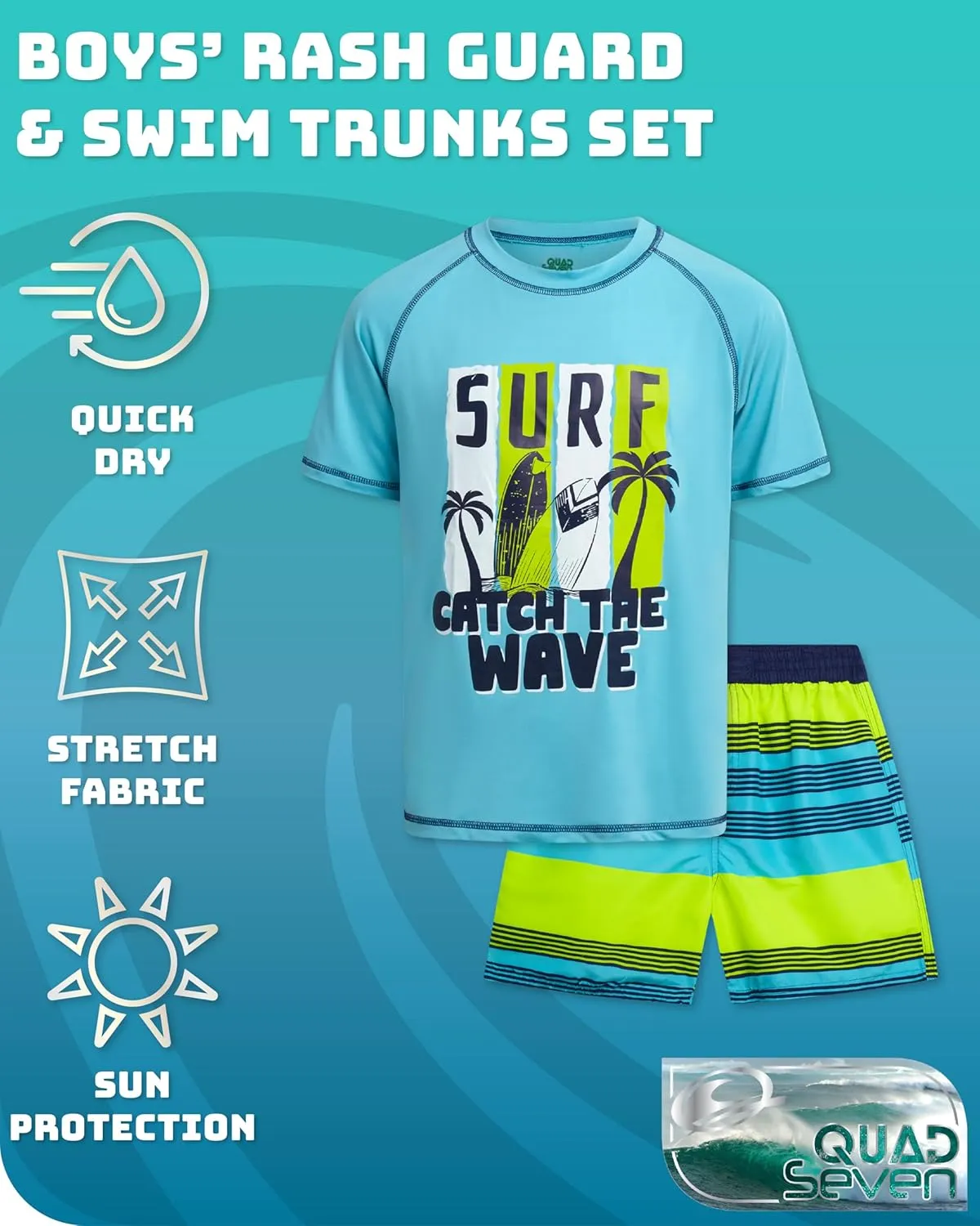 Boys Rash Guard Swimsuit Set  4-Piece Kids Short Sleeve Bathing Suit Swimwear Sets (Sizes: 5-12)