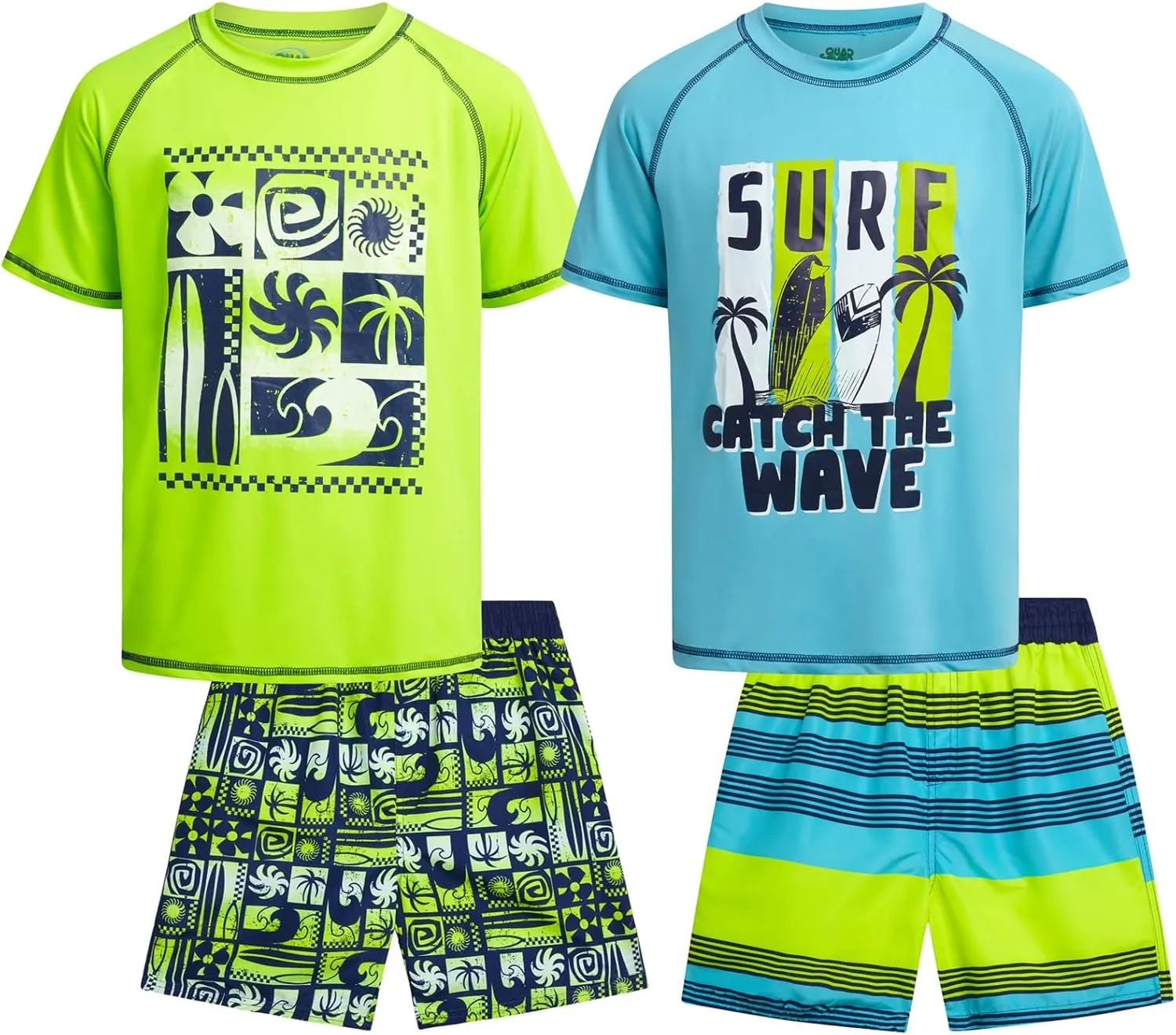 Boys Rash Guard Swimsuit Set  4-Piece Kids Short Sleeve Bathing Suit Swimwear Sets (Sizes: 5-12)