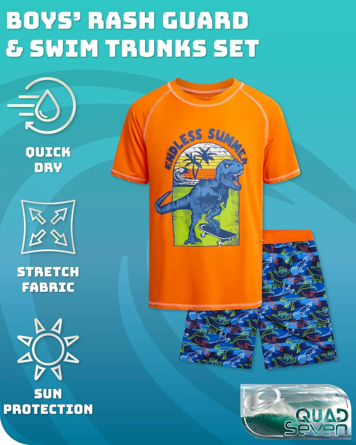 Boys Rash Guard Swimsuit Set  4-Piece Kids Short Sleeve Bathing Suit Swimwear Sets (Sizes: 5-12)