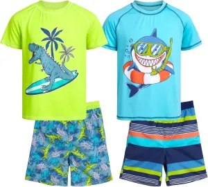 Boys Rash Guard Swimsuit Set  4-Piece Kids Short Sleeve Bathing Suit Swimwear Sets (Sizes: 5-12)