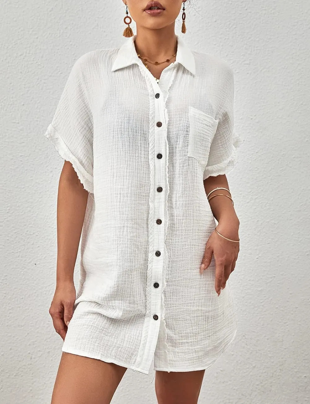 Bsubseach Women Swimsuit Coverup Button Down Bathing Suit Cover Ups for Swimwear Short Sleeve Bikini Beach Shirt