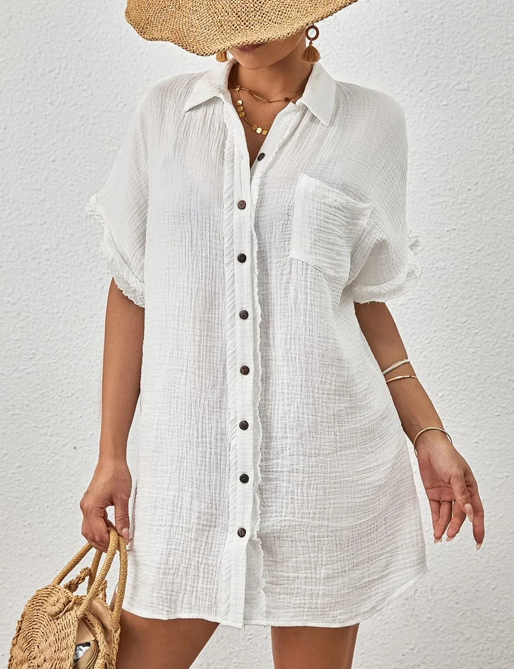Bsubseach Women Swimsuit Coverup Button Down Bathing Suit Cover Ups for Swimwear Short Sleeve Bikini Beach Shirt