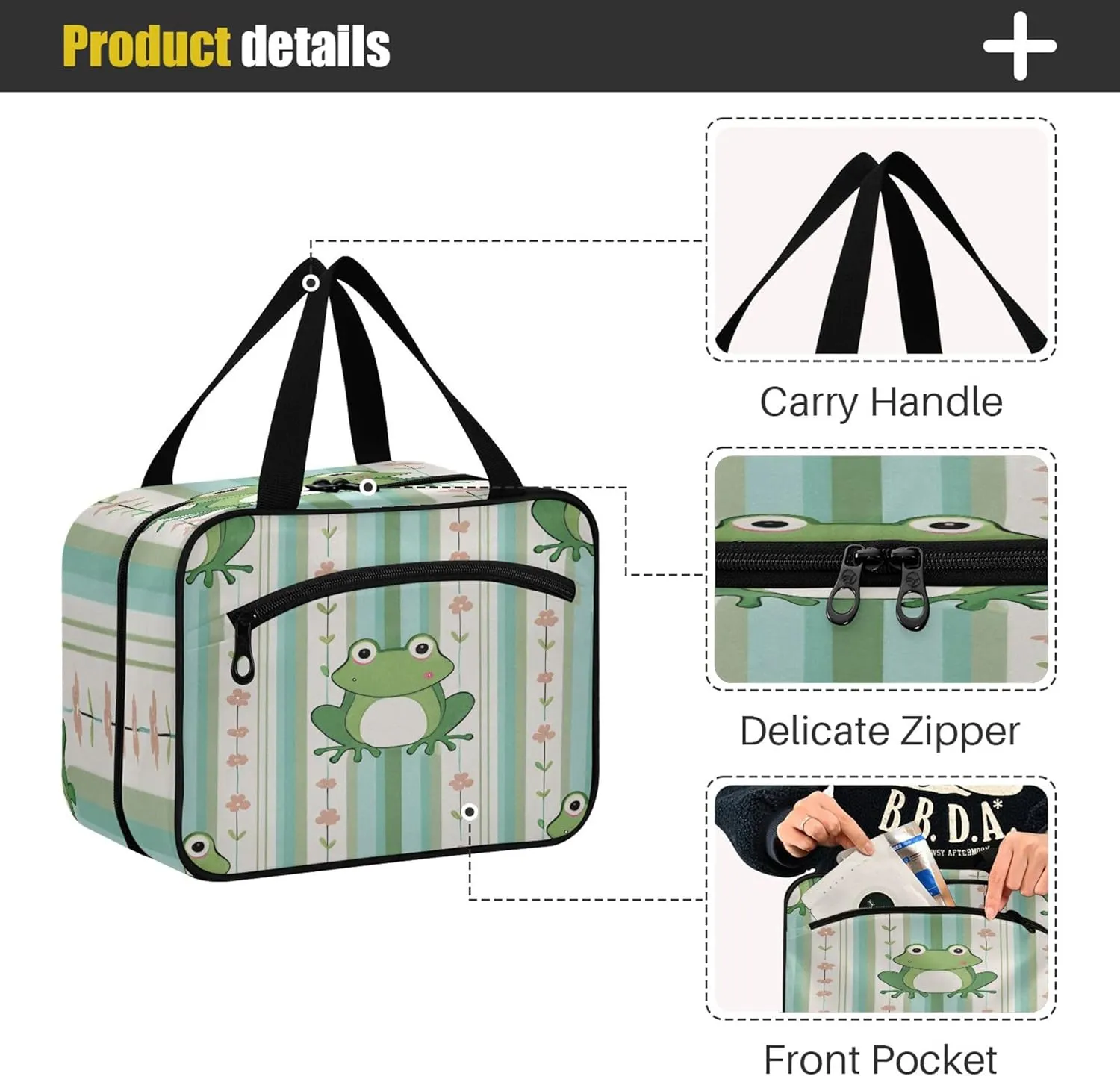 Burbuja Frog Stripes Travel Toiletry Bag for Women, Hanging Waterproof Toiletry Bag Cosmetic Organizer for Toiletries Accessories, M