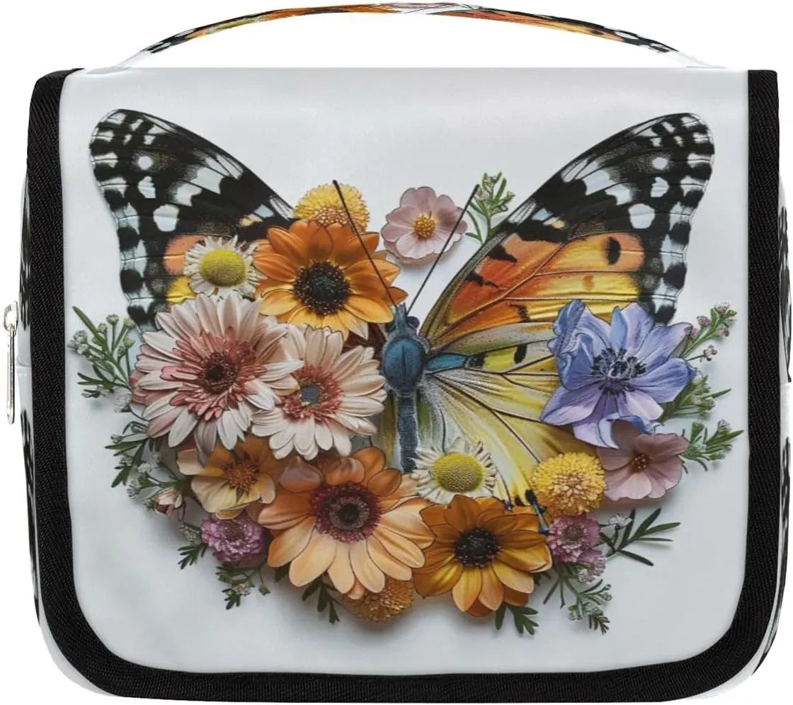 Butterfly Flowers Hanging Travel Toiletry Bag Cosmetic Bag Portable Wash Bag with Hook for Bathroom Accessories Toiletries Cosmetics