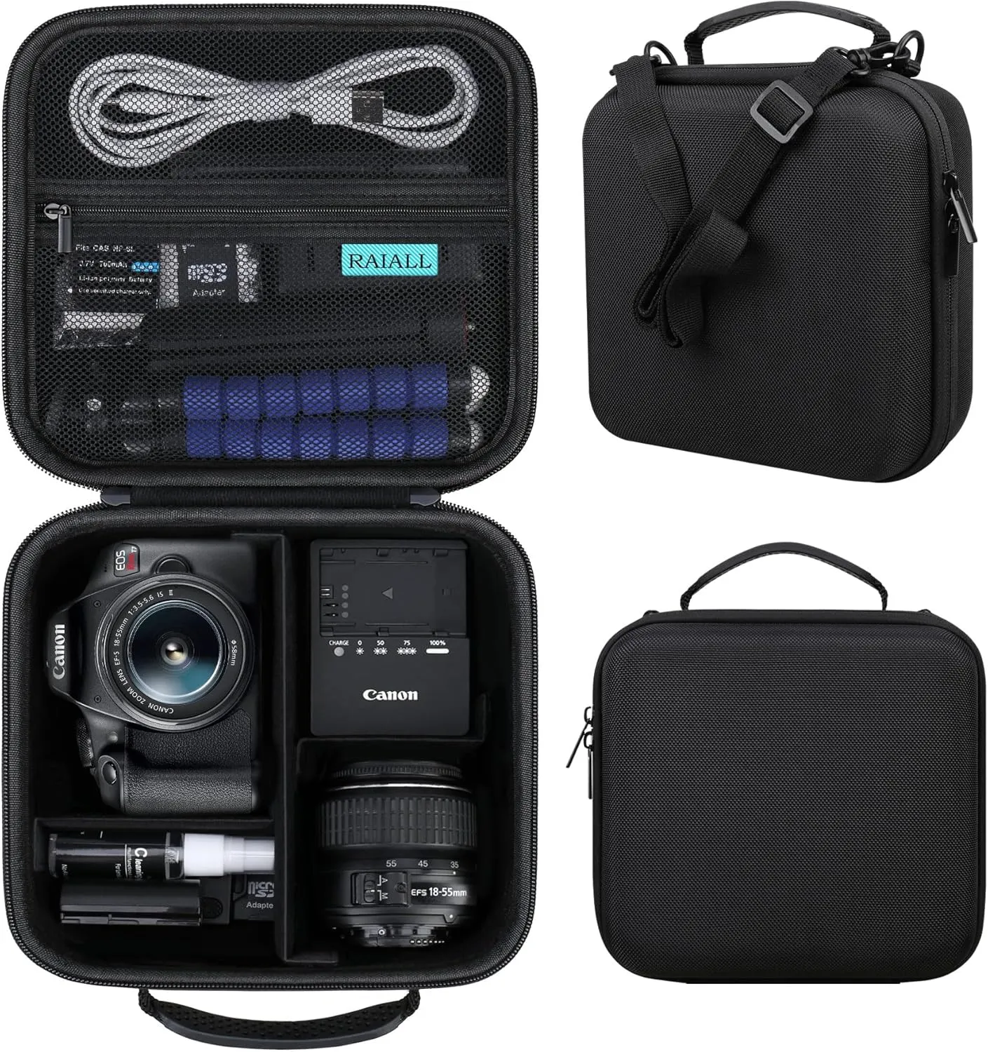 Camera Case for Canon EOS Rebel T7/ R100/ R50V/ R50/ R5/ R6 Mark II/ R7/ R8/ 90D/ 5D Mark IV DSLR Camera, Protective Hard Travel Camera Bag Fits Lens, Tripod, Batteries, Black Shoulder Strap
