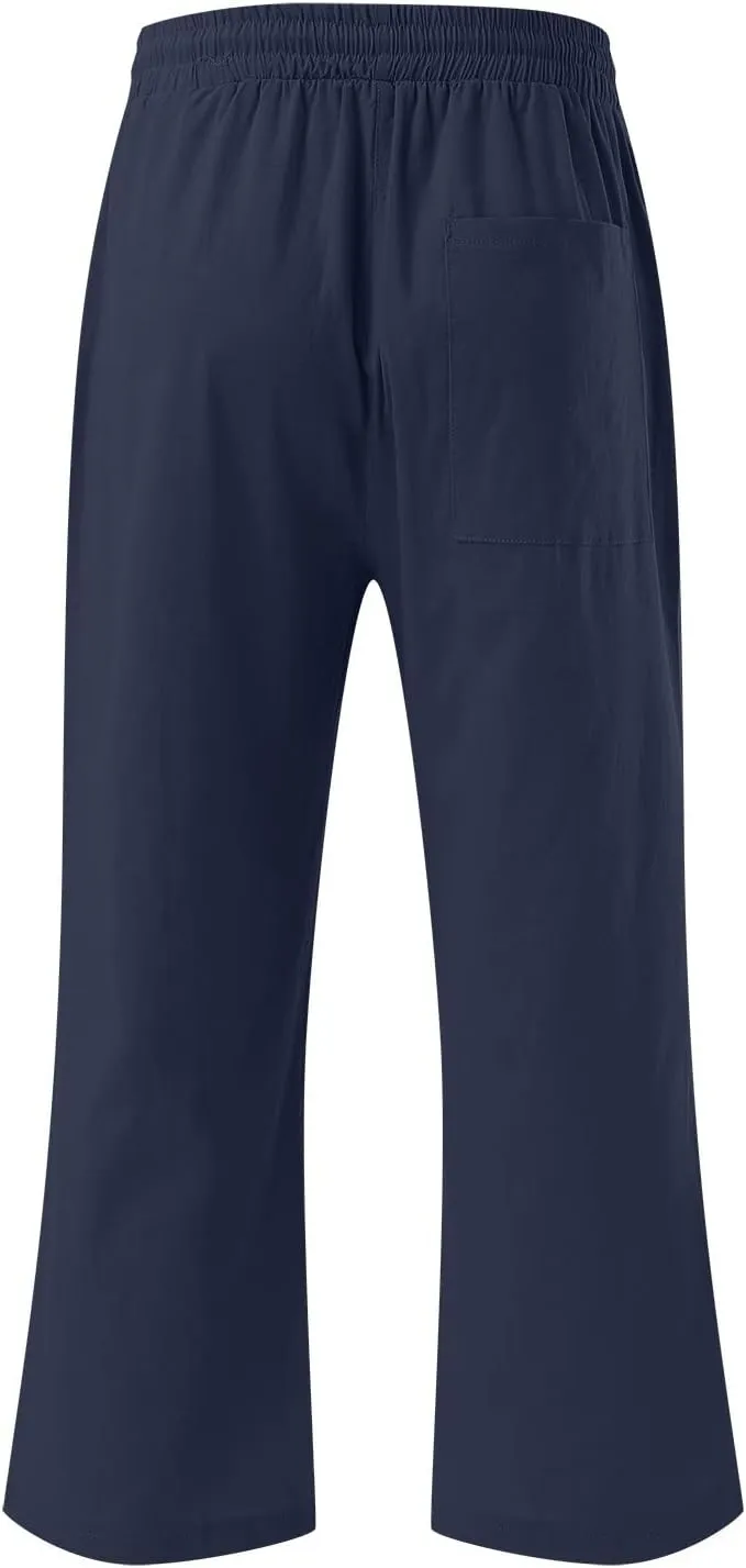 Capri Pants For Women Stretch Pull On 2024 Drawstring Elastic High Waist Linen Pants Straight Leg Cropped Trousers