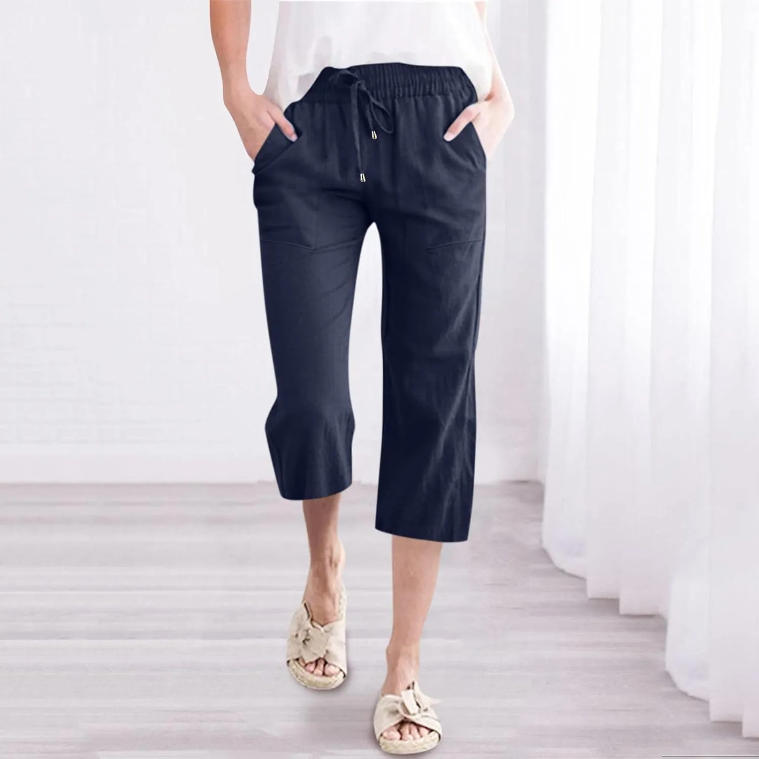 Capri Pants For Women Stretch Pull On 2024 Drawstring Elastic High Waist Linen Pants Straight Leg Cropped Trousers