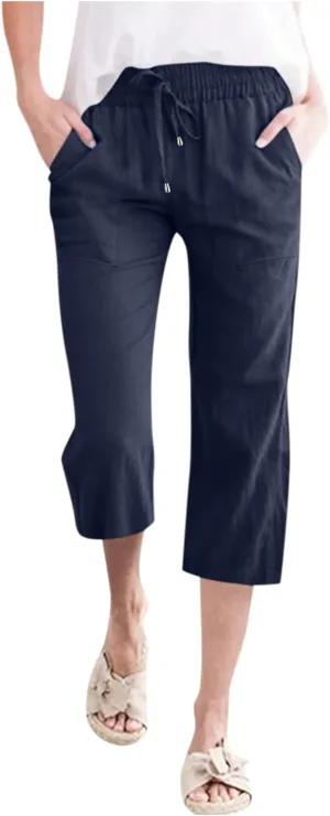 Capri Pants For Women Stretch Pull On 2024 Drawstring Elastic High Waist Linen Pants Straight Leg Cropped Trousers