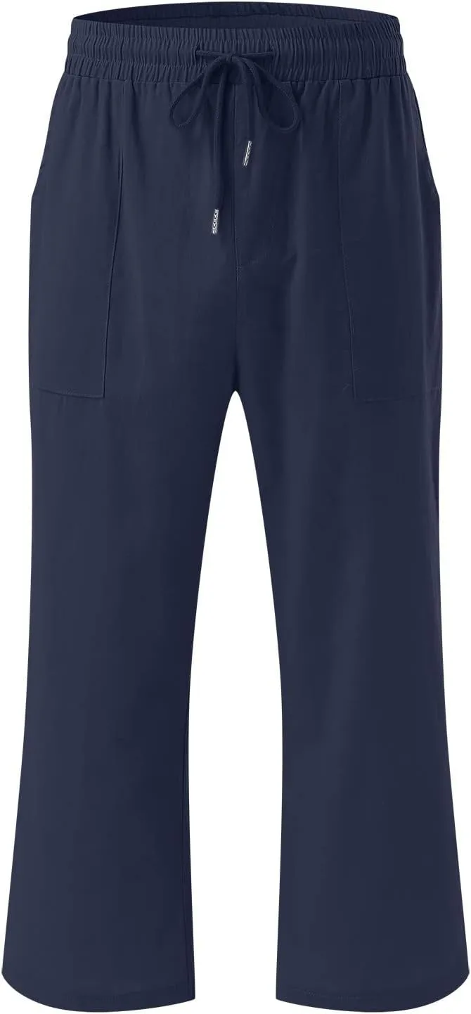 Capri Pants For Women Stretch Pull On 2024 Drawstring Elastic High Waist Linen Pants Straight Leg Cropped Trousers