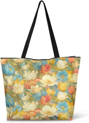 Cartoon Husky Dog Sheep Women Tote Paper Bag, Countryside Flower Hand Bag, Geometric Art Commute Bag for Work