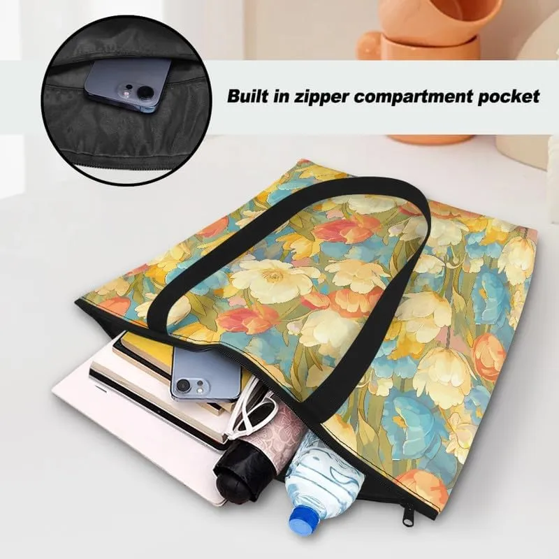 Cartoon Husky Dog Sheep Women Tote Paper Bag, Countryside Flower Hand Bag, Geometric Art Commute Bag for Work