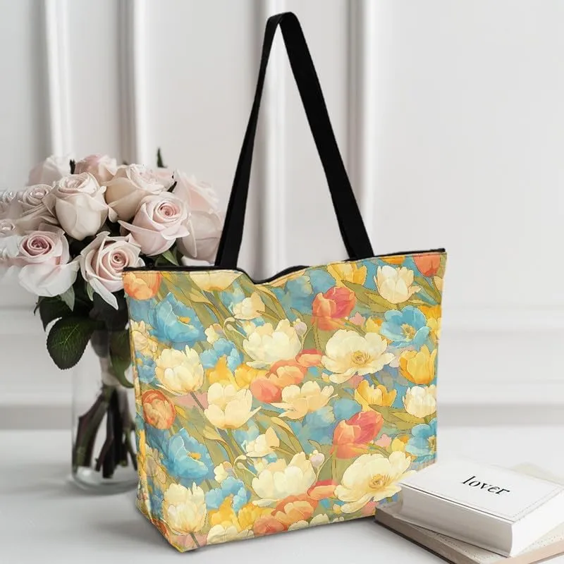 Cartoon Husky Dog Sheep Women Tote Paper Bag, Countryside Flower Hand Bag, Geometric Art Commute Bag for Work