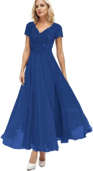 Casual Mother of The Bride Dresses for Wedding Tea Length Lace Applique Chiffon Short Sleeve Formal Dresses for Women