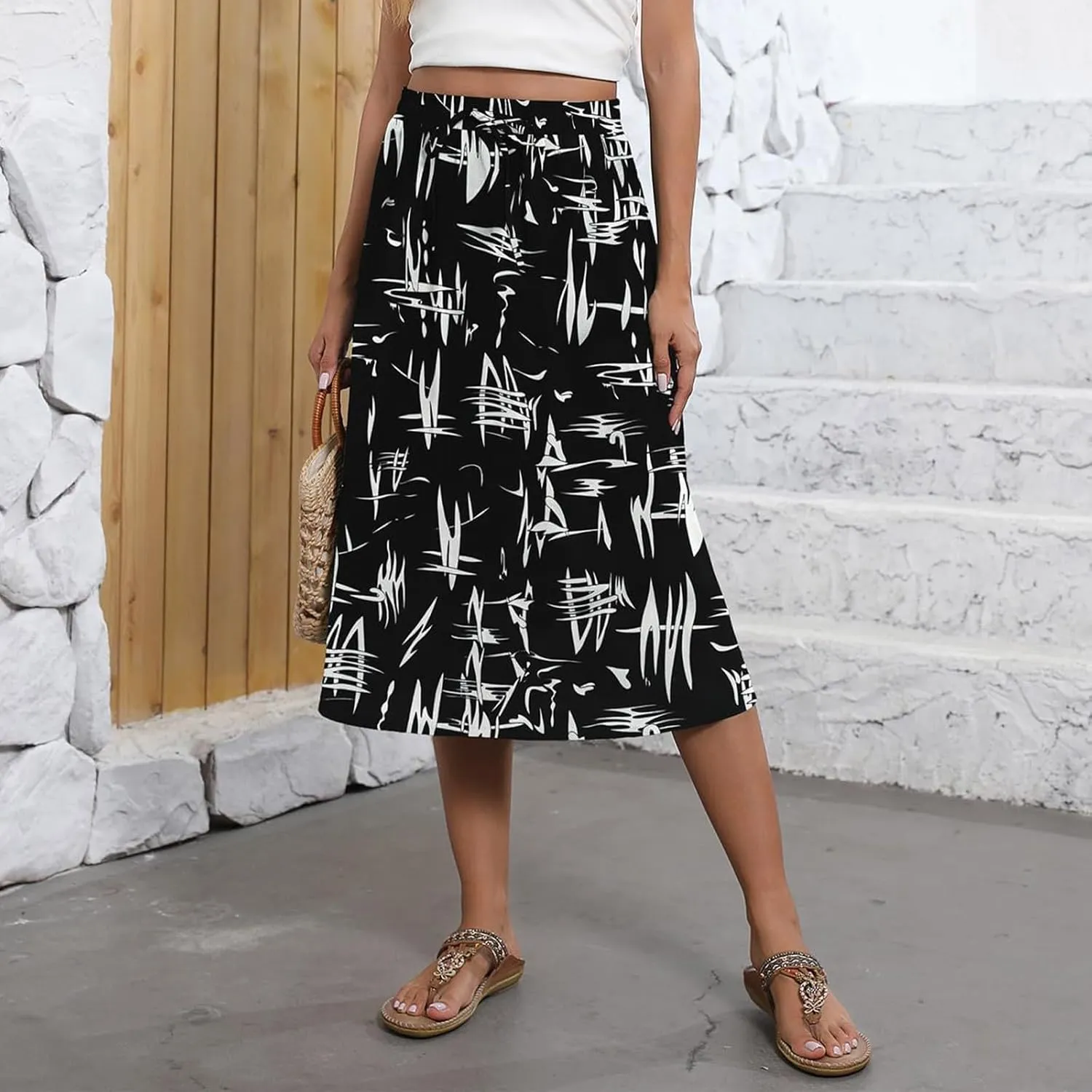 Casual Summer Skirts for Women Floral Midi Skirts Drawstring Elastic Waist Knee Length Skirt A Line Skirt with Pocket