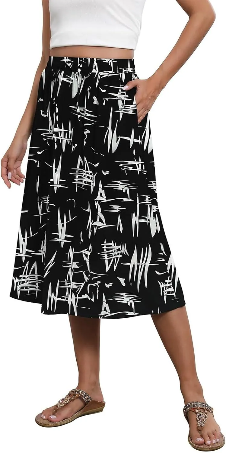 Casual Summer Skirts for Women Floral Midi Skirts Drawstring Elastic Waist Knee Length Skirt A Line Skirt with Pocket
