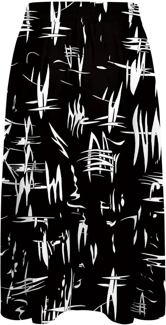 Casual Summer Skirts for Women Floral Midi Skirts Drawstring Elastic Waist Knee Length Skirt A Line Skirt with Pocket